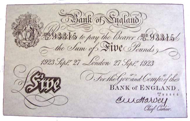 Image of a 1923 Five Pound Note but we prefer payment with modern cash